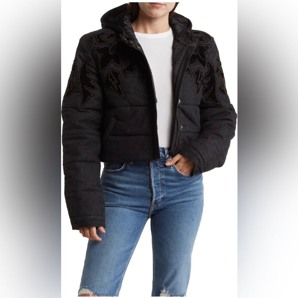 Free People Black Embellished Cropped Puffer Jacket